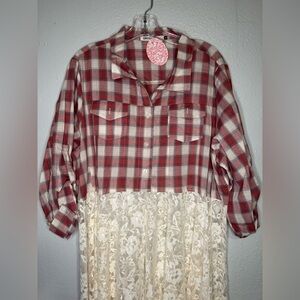 Plaid button up with lace trim